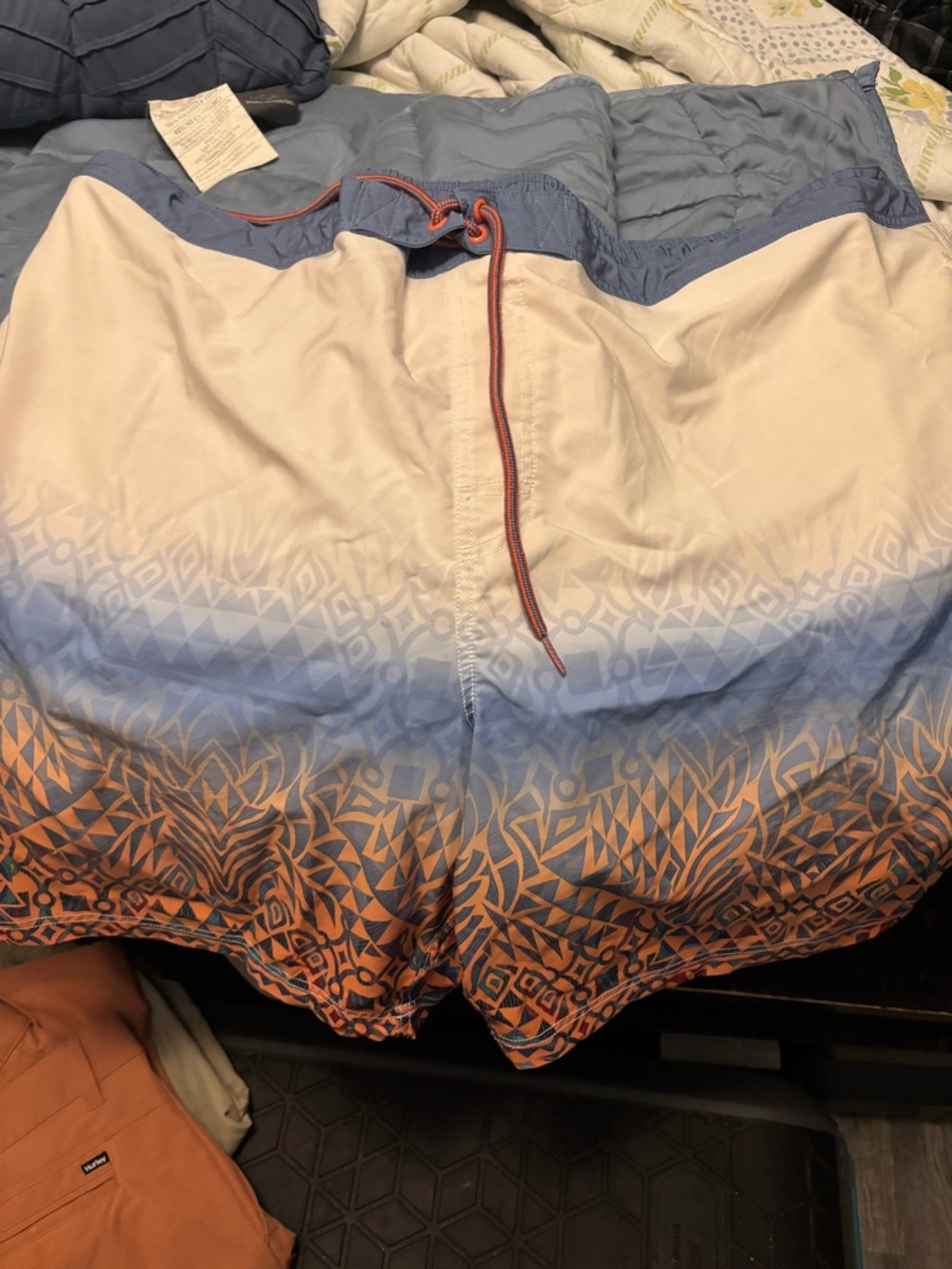 Ombré Blue to Orange Geometric Swim Trunks